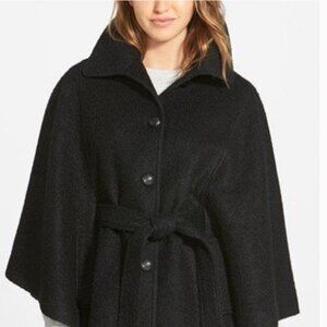 Wool Cashmere Cape Coat Black Button Belted Size medium large